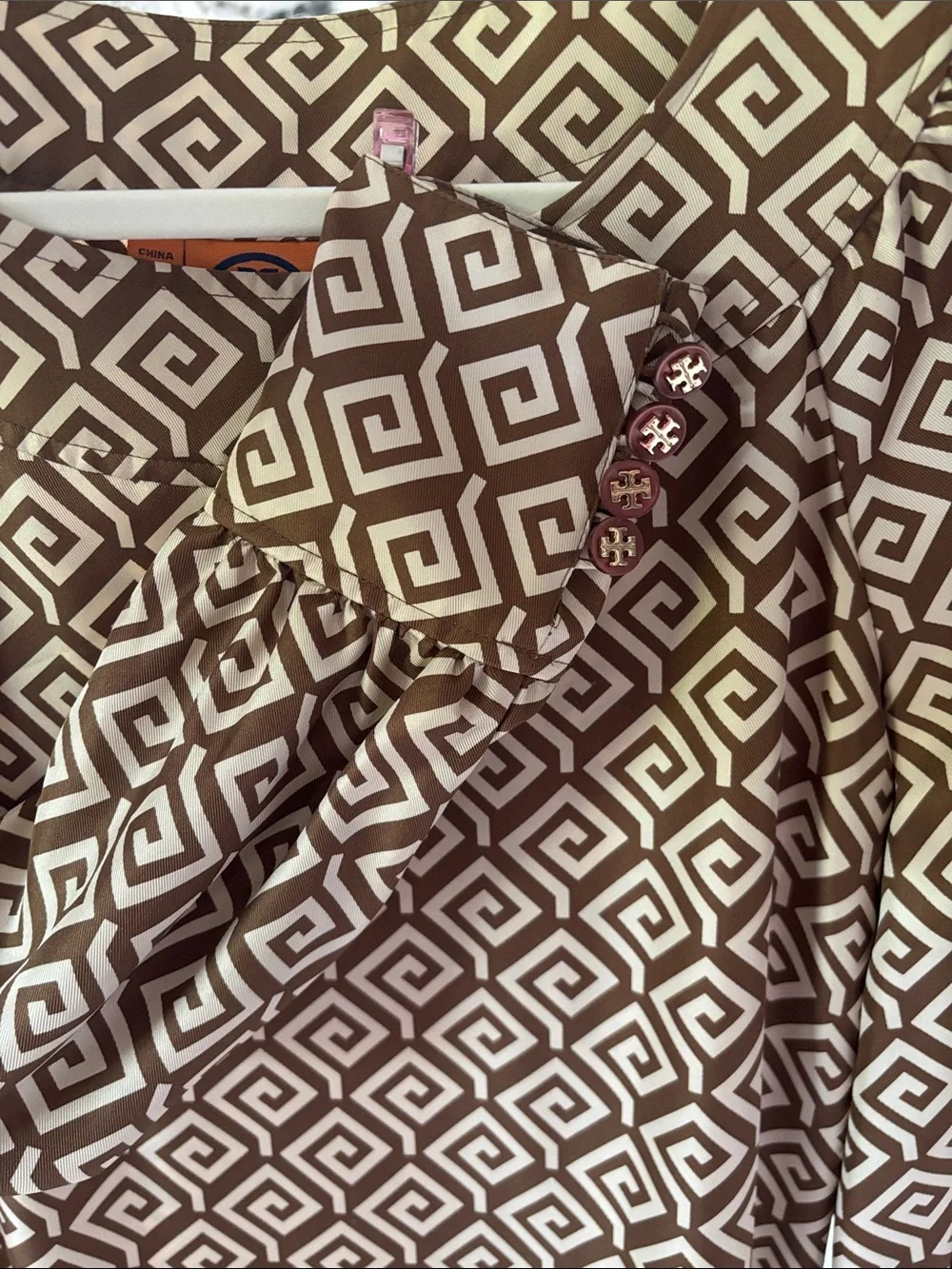 Tory Burch Silk Brown & Cream Geometric Long-Sleeve Blouse